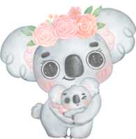 carino orecchie pelose koala madre e bambino con dolce fiore bandiera contento madre giorno acquerello capriccioso illustrazione png