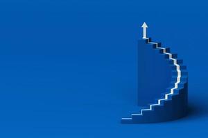 White arrow following the spiral staircase of growth on blue background, 3D arrow climbing up over spiral staircase, 3d stairs with arrow going upward, 3d rendering photo