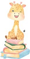 cute happy giraffe kid animal back to school with bag and books, children watercolour illustration png