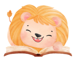 cute watercolour baby lion animal kid reading book, back to school cartoon character illustration png