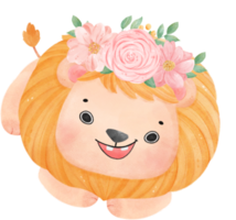 Cute sweet happy baby lion with floral crown watercolour kid animal illustration png