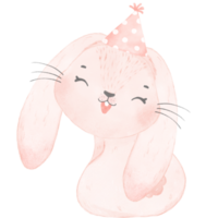 adorable caprichoso contento bebé rosado conejito Conejo con vistoso fiesta sombrero, niños acuarela ilustración png