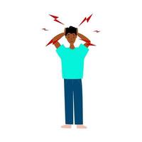 afro americano chico teniendo dolor de cabeza, migraña, estrés, depresión. enfermedad concepto. aislado. vector ilustración en plano estilo. salud y médico.