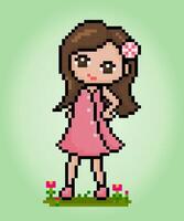 8 bit pixel of the cute girl. Cartoon women in vector illustrations.