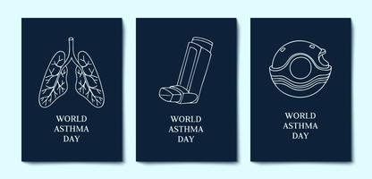 Set of World Asthma Day cover template. Vector illustration of inhalers and lungs on dark background. Bronchial asthma awareness sign.