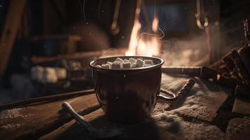 Hot chocolate with marshmallows in front of a fireplace in winter photo