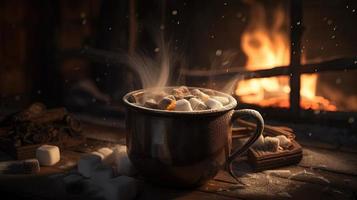 Hot chocolate with marshmallows in front of a fireplace in winter photo