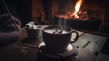 Hot chocolate with marshmallows in front of a fireplace in winter photo