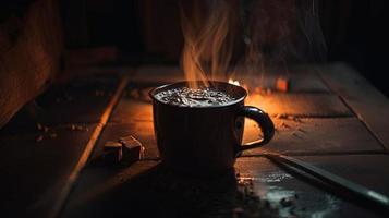 caliente chocolate con Malvaviscos en frente de un hogar en invierno foto