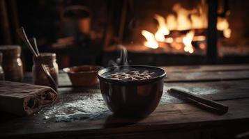 Hot chocolate with marshmallows in front of a fireplace in winter photo