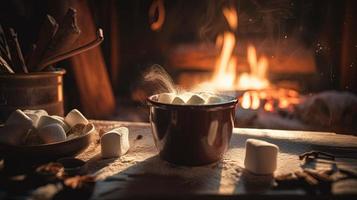 caliente chocolate con Malvaviscos en frente de un hogar en invierno foto