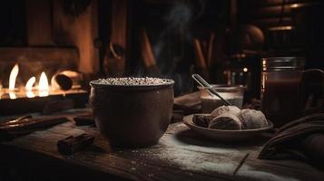 Hot chocolate with marshmallows in front of a fireplace in winter photo