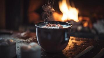 Hot chocolate with marshmallows in front of a fireplace in winter photo