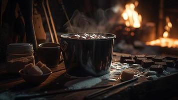 Hot chocolate with marshmallows in front of a fireplace in winter photo