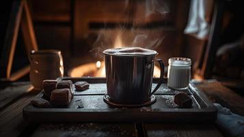 Hot chocolate with marshmallows in front of a fireplace in winter photo