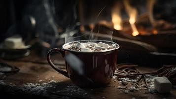 Hot chocolate with marshmallows in front of a fireplace in winter photo