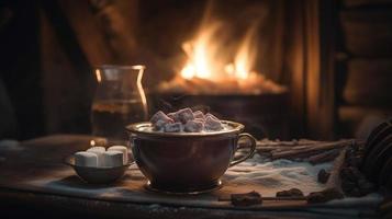 Hot chocolate with marshmallows in front of a fireplace in winter photo