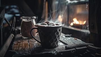 Hot chocolate with marshmallows in front of a fireplace in winter photo