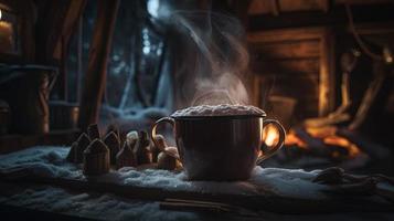 Hot chocolate with marshmallows in front of a fireplace in winter photo