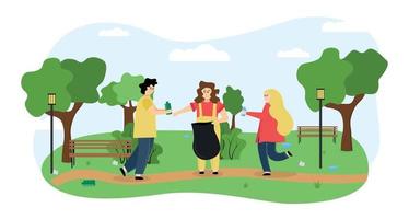 Ecology illustration. In the image, people clean the park from garbage, a girl holds a trash bag, a woman and a man carry bottles, in the background trees, bushes, benches, lanterns, clouds vector