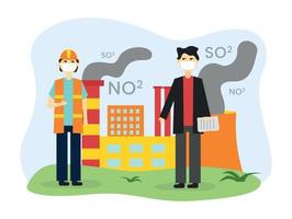 Ecology illustration. Image of industrial pollution. In the illustration, masked people stand near an industrial plant with emissions. In the image vector