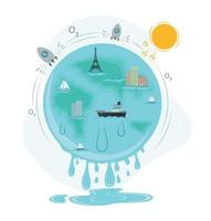 global calentamiento ilustración. imagen de un planeta con cuales agua fluye, gotas formar un charco, alrededor un tira con cohetes y el sol, en el planeta eiffel torre, barco, veleros, edificios vector