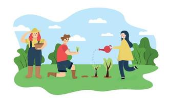 Illustration of a tree planting. People plant trees. A man holds a sprout. A woman is watering a tree. vector