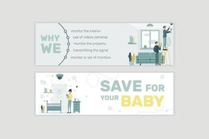 Banner. Video surveillance. CCTV. Remote access. Two men set up a video camera. Video surveillance in the children's room. Video surveillance of a woman with a baby. Vector illustration.