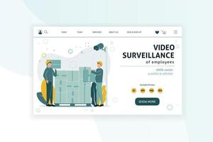 Web banner. CCTV. Video surveillance. Remote access. Two men in helmets with boxes in their hands standing near the pallet with boxes under a CCTV camera. vector