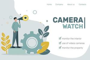 Site header. CCTV. Remote access. Video surveillance.A man is watching through a telescope, standing on a step next to a gear. Vector illustration.