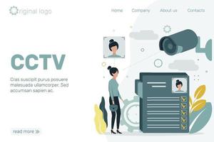 Site header. CCTV. Video surveillance. Remote access. The camcorder recognizes the girl's face. Vector illustration.