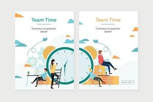 Web banners. Time management. Big alarm clock. The girl climbs the ladder. People work with laptop. The man talks on the phone sitting on the stack of coins. Vector