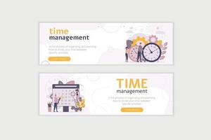 Web banner time management. People with clock and calendar. Vector