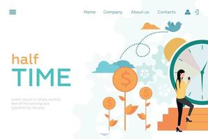 Website header. Time management. The girl climbs the stairs to the big clock. Coins grow near the clock. Vector. vector