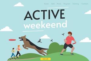 Site header. Active weekend. A man is playing frisbee with a dog. Vector. vector