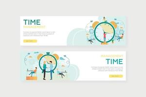 Web banners. Time management. Man sets the hands of the clock, standing on the coins. The girl sits on the clock. People work. The man and woman are opposite the big clock. Vector. vector