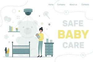 Site header. CCTV. Remote access. Video surveillance in the children's room. A woman hold a baby in her arms in the children's room. Vector illustration.