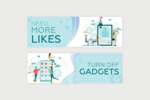 Banner. Social media addiction. People like on social media in front of a big gadget. People communicate on social networks near a large smartphone. Vector. vector