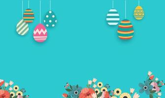 Easter banner with chocolate rabbits and beautifully painted eggs set on the grass. Concept of Easter egg hunt or egg decorating art. Background pastel color minimal design vector