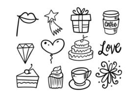 Celebration hand drawn doodle elements set. Food and gifts. vector
