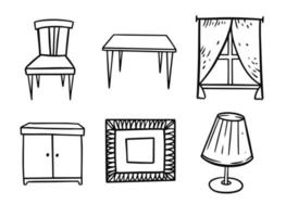 Hand drawn decor furniture room. Black color line art sketch style. vector