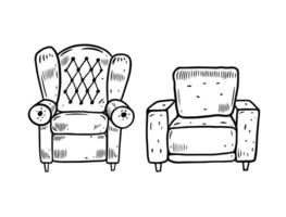 Hand drawn doodle easy chair set. Black color outline sketch vector illustration.