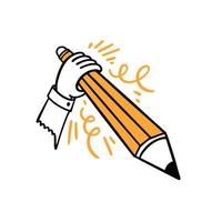 Hand with yellow pencil. Cartoon doodle style. Colorful icon. vector