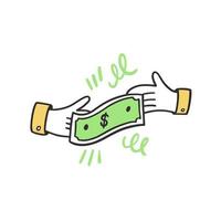 Hand with bill dollar money. Hand drawn doodle icon. Cartoon style. vector
