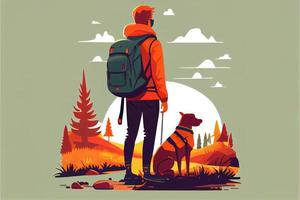 Autumn journey of a man with a dog, background. photo
