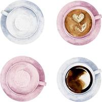Watercolor set of coffee cups with heart sign and latte art top view collection isolated on white background. vector