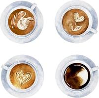 Watercolor set of white coffee cups with heart sign and latte art top view collection isolated on white background. vector