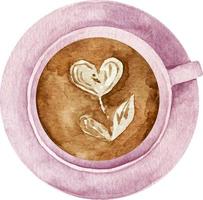 Watercolor cup of coffee with heart pattern in a pink cup top view vector