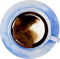 Watercolor black coffee in a blue cup in saucer top view isolate vector