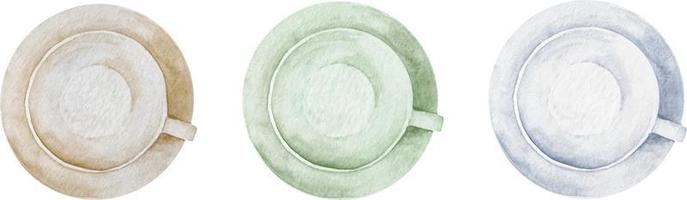 acuarela conjunto de Tres vacío blanco café tazas en platillo en blanco antecedentes vector